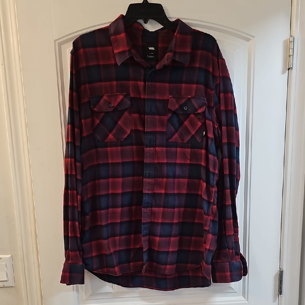Vans Men's Casual Red and Navy Plaid Shirt